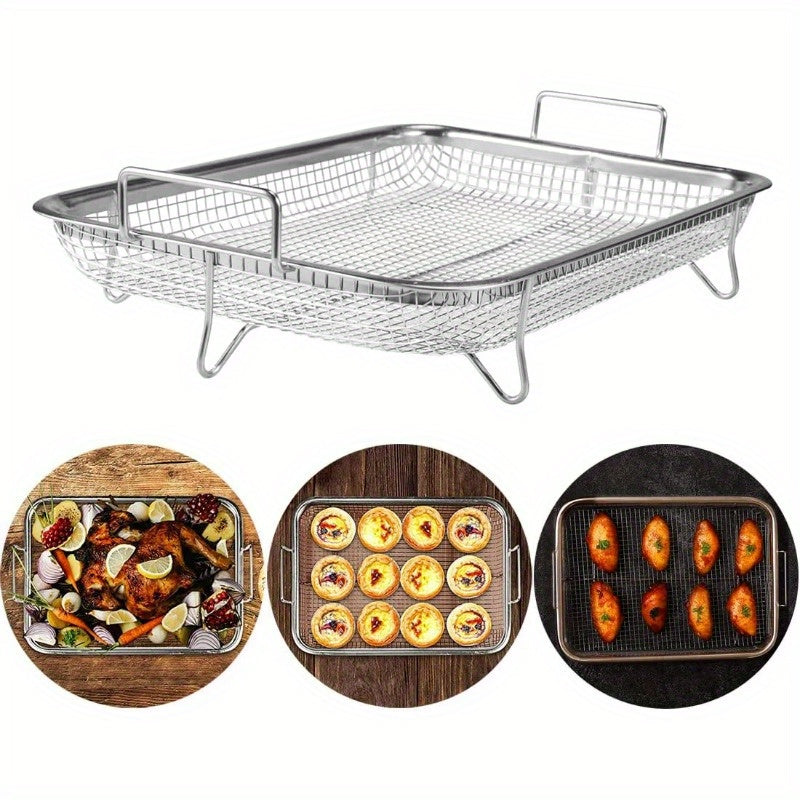 1pc Stainless Steel Fryer Basket – Oven Safe, Non-Stick Crisper Tray & Grill, Air Fryer & BBQ Essential, Durable & Easy Clean