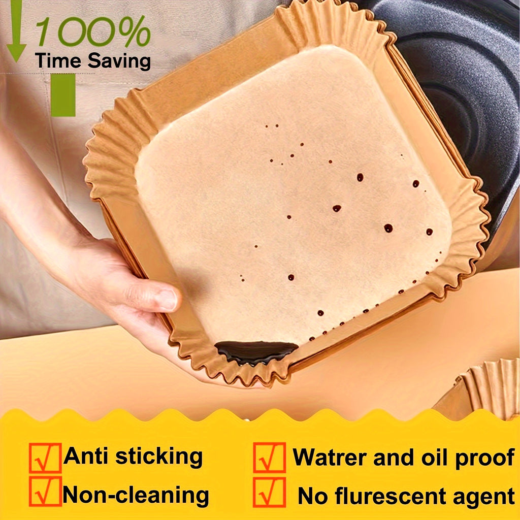 50pcs Square Wood Pulp Air Fryer Liners – Non-Stick, Waterproof & Oil-Proof Disposable Baking Tools for Basket, Tray & Oven Accessories