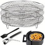 1 Set Air Fryer Accessories – Three-Layer Circular Grill Rack, Steam Rack, Stainless Steel Stackable Rack, Dehydration Rack, BBQ Basket, Oil Brush & Food Clip Set