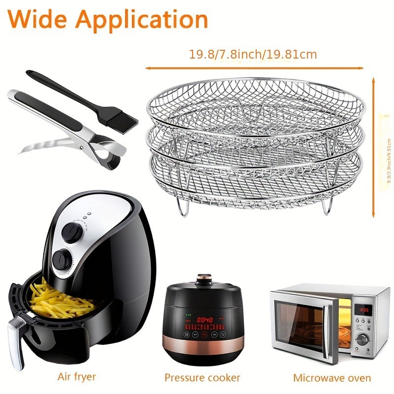 1 Set Air Fryer Accessories – Three-Layer Circular Grill Rack, Steam Rack, Stainless Steel Stackable Rack, Dehydration Rack, BBQ Basket, Oil Brush & Food Clip Set