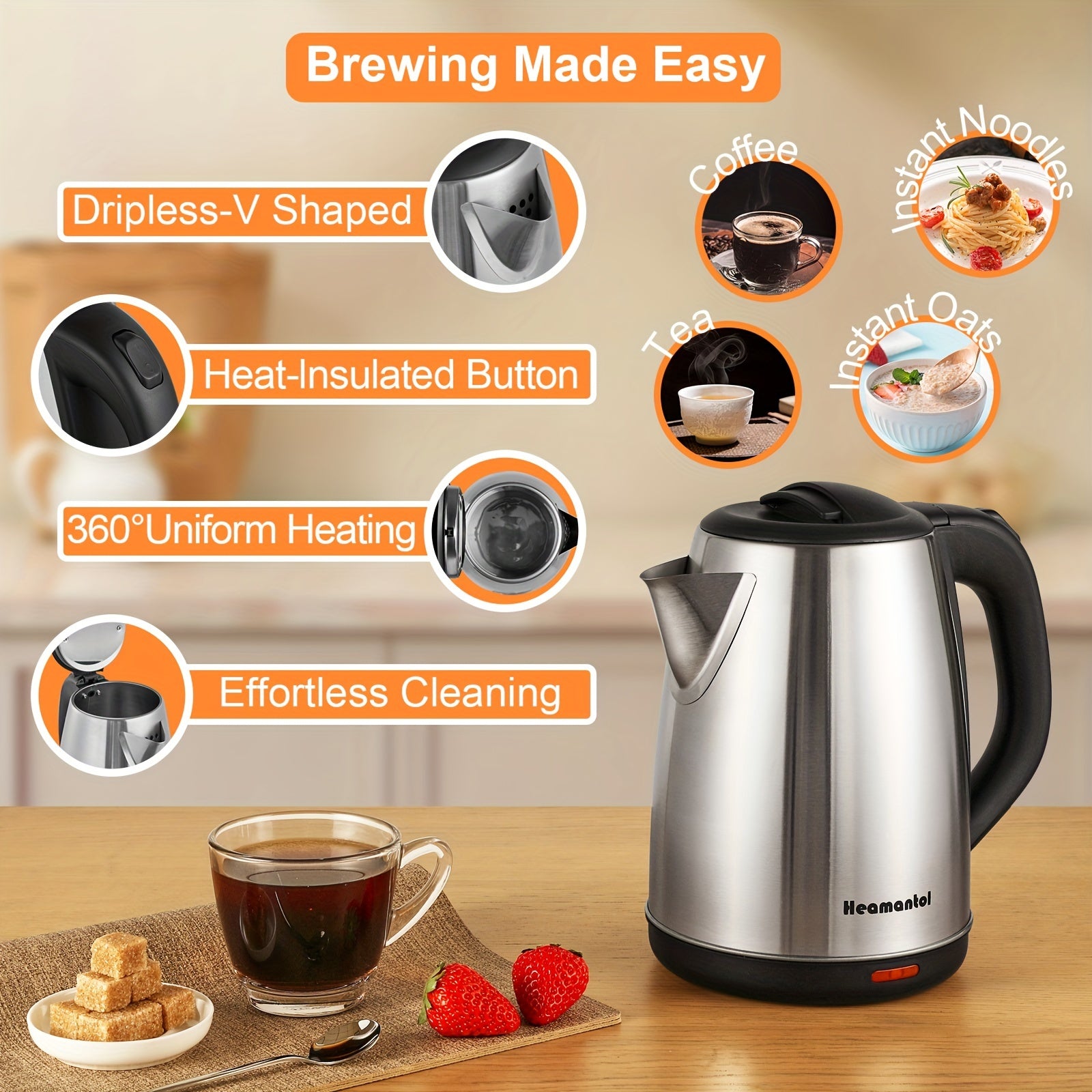 Electric Kettle 1.8L – Hot Water Boiler & Tea Kettle with Auto Shut-Off, Boil-Dry Protection, Stainless Steel Double Wall, BPA-Free, LED Indicator & Instant Heating Base