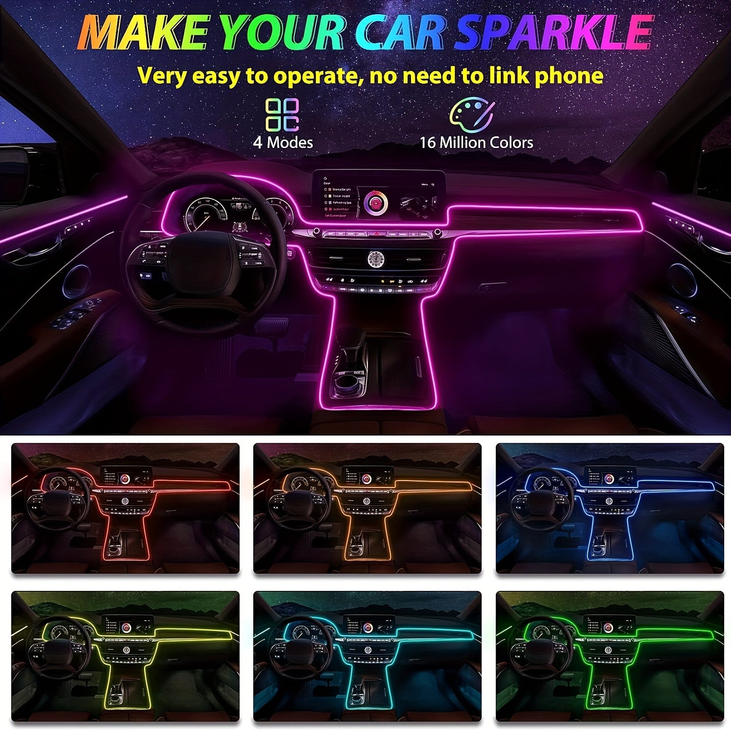 196-Inch RGB Car Interior LED Strip Lights – USB Ambient Lighting Kit with App Control, Fiber Optics & Music Sync for Door, Console & Dashboard