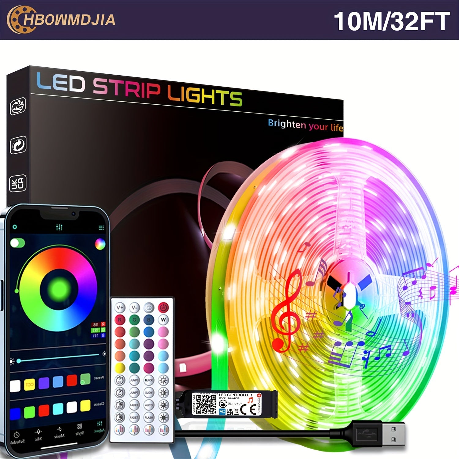 HBOWMDJIA Smart LED Strip Lights – 16–100ft, Music Sync & Color Changing, App & Remote Control for Bedroom, Home Parties & Room Decor