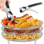 1 Set Air Fryer Accessories – Three-Layer Circular Grill Rack, Steam Rack, Stainless Steel Stackable Rack, Dehydration Rack, BBQ Basket, Oil Brush & Food Clip Set