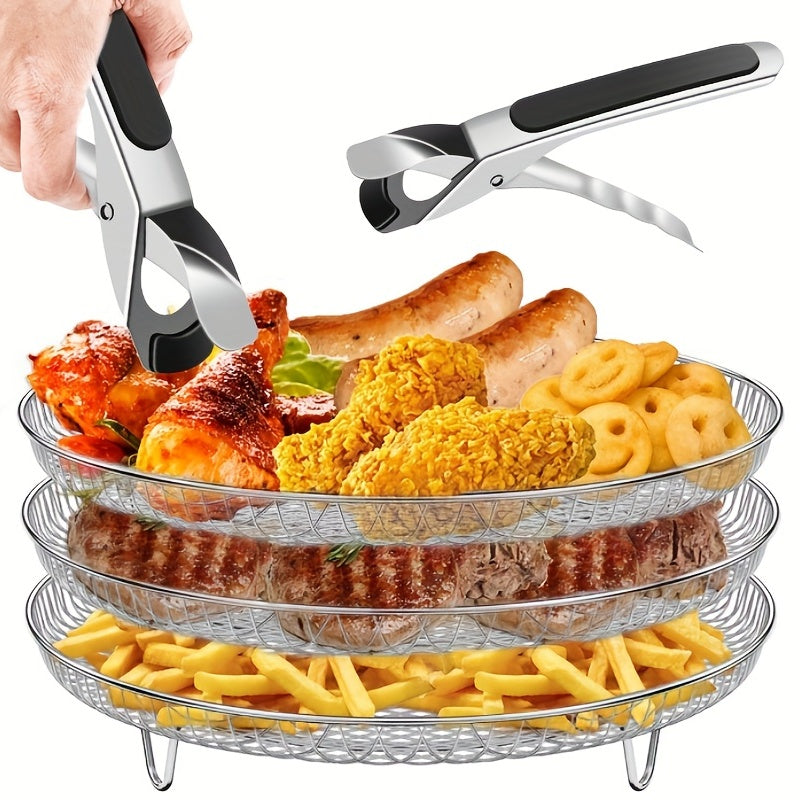 1 Set Air Fryer Accessories – Three-Layer Circular Grill Rack, Steam Rack, Stainless Steel Stackable Rack, Dehydration Rack, BBQ Basket, Oil Brush & Food Clip Set