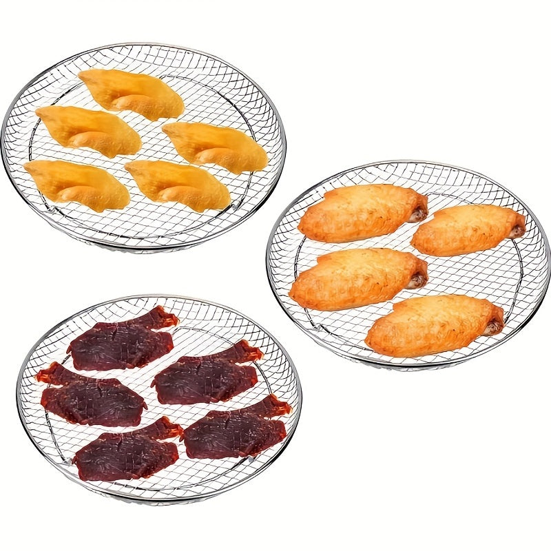 1 Set Air Fryer Accessories – Three-Layer Circular Grill Rack, Steam Rack, Stainless Steel Stackable Rack, Dehydration Rack, BBQ Basket, Oil Brush & Food Clip Set