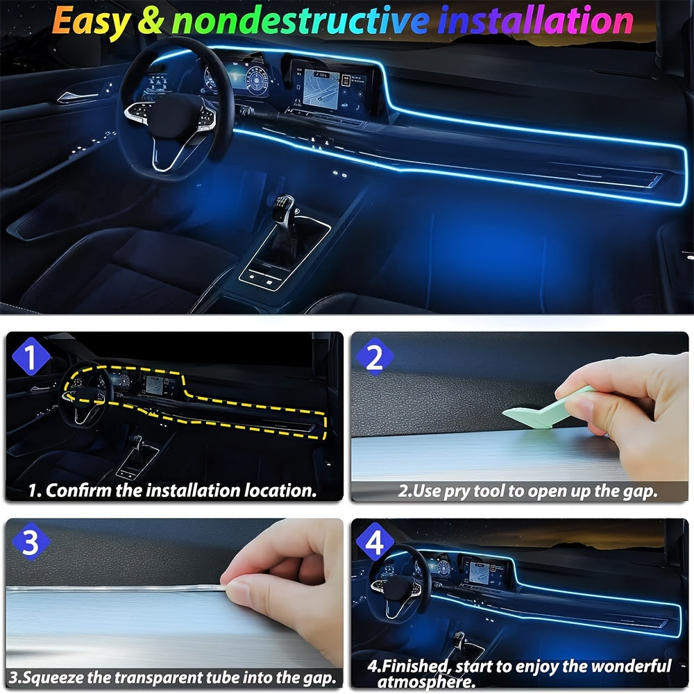 196-Inch RGB Car Interior LED Strip Lights – USB Ambient Lighting Kit with App Control, Fiber Optics & Music Sync for Door, Console & Dashboard