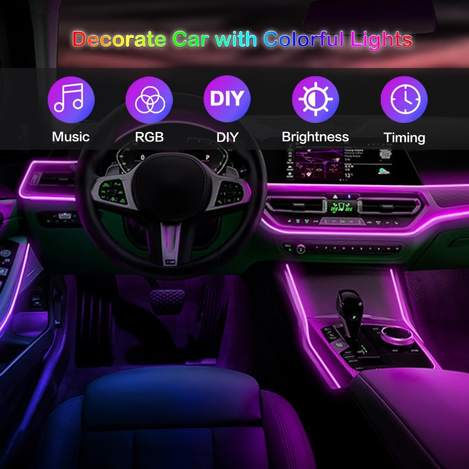 196-Inch RGB Car Interior LED Strip Lights – USB Ambient Lighting Kit with App Control, Fiber Optics & Music Sync for Door, Console & Dashboard