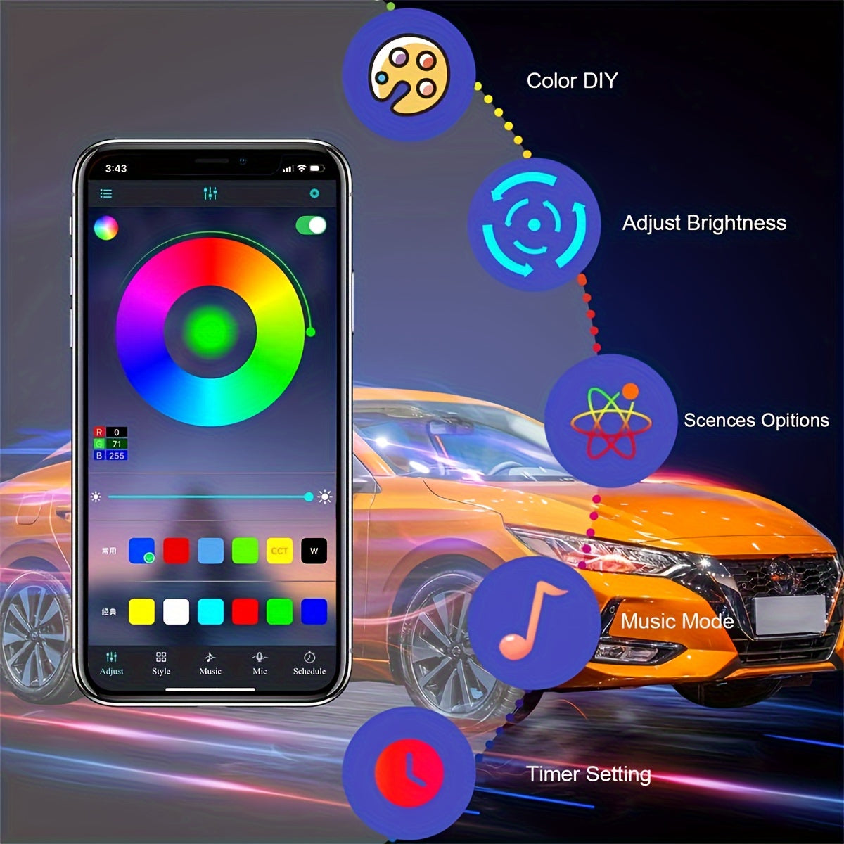 196-Inch RGB Car Interior LED Strip Lights – USB Ambient Lighting Kit with App Control, Fiber Optics & Music Sync for Door, Console & Dashboard