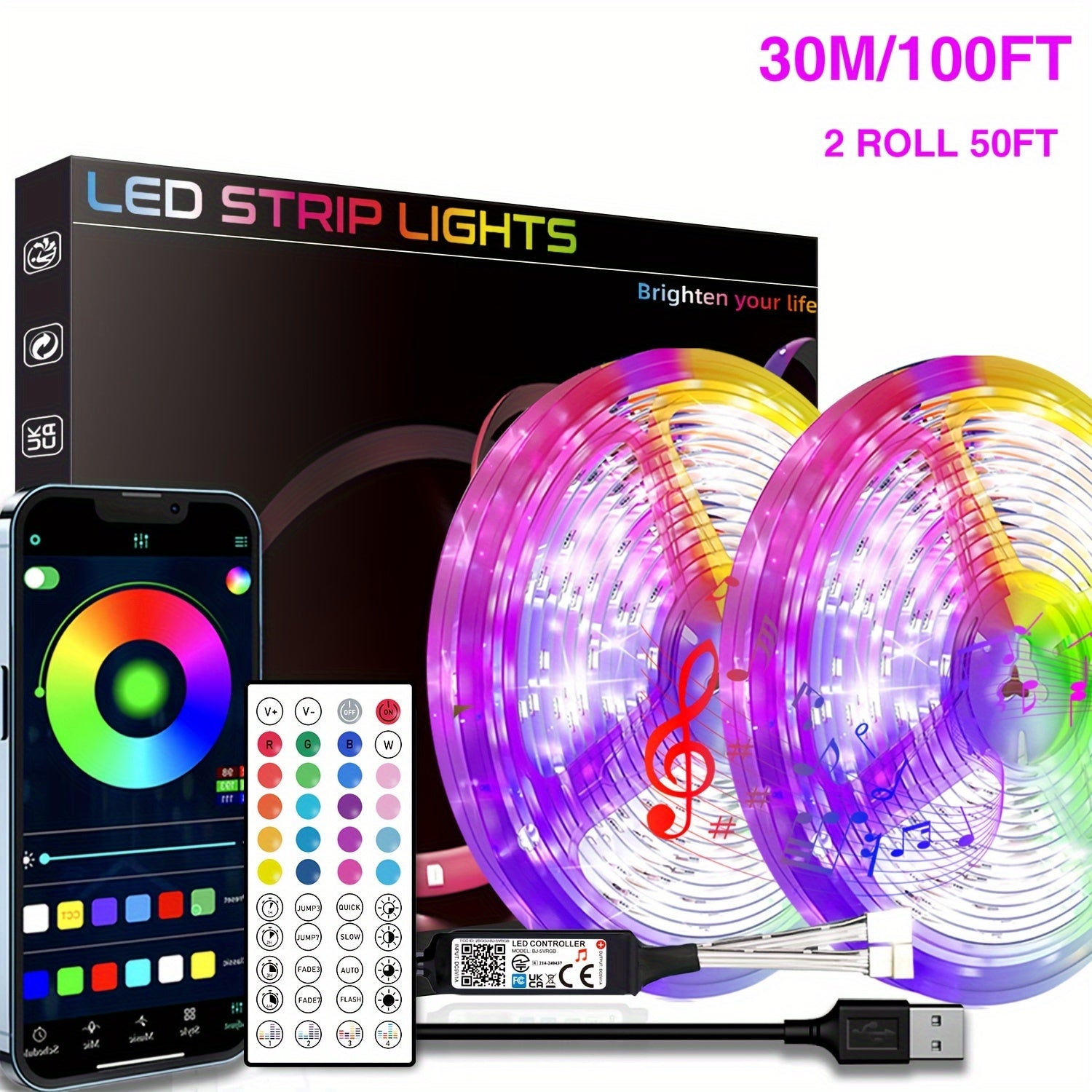 HBOWMDJIA Smart LED Strip Lights – 3–100ft