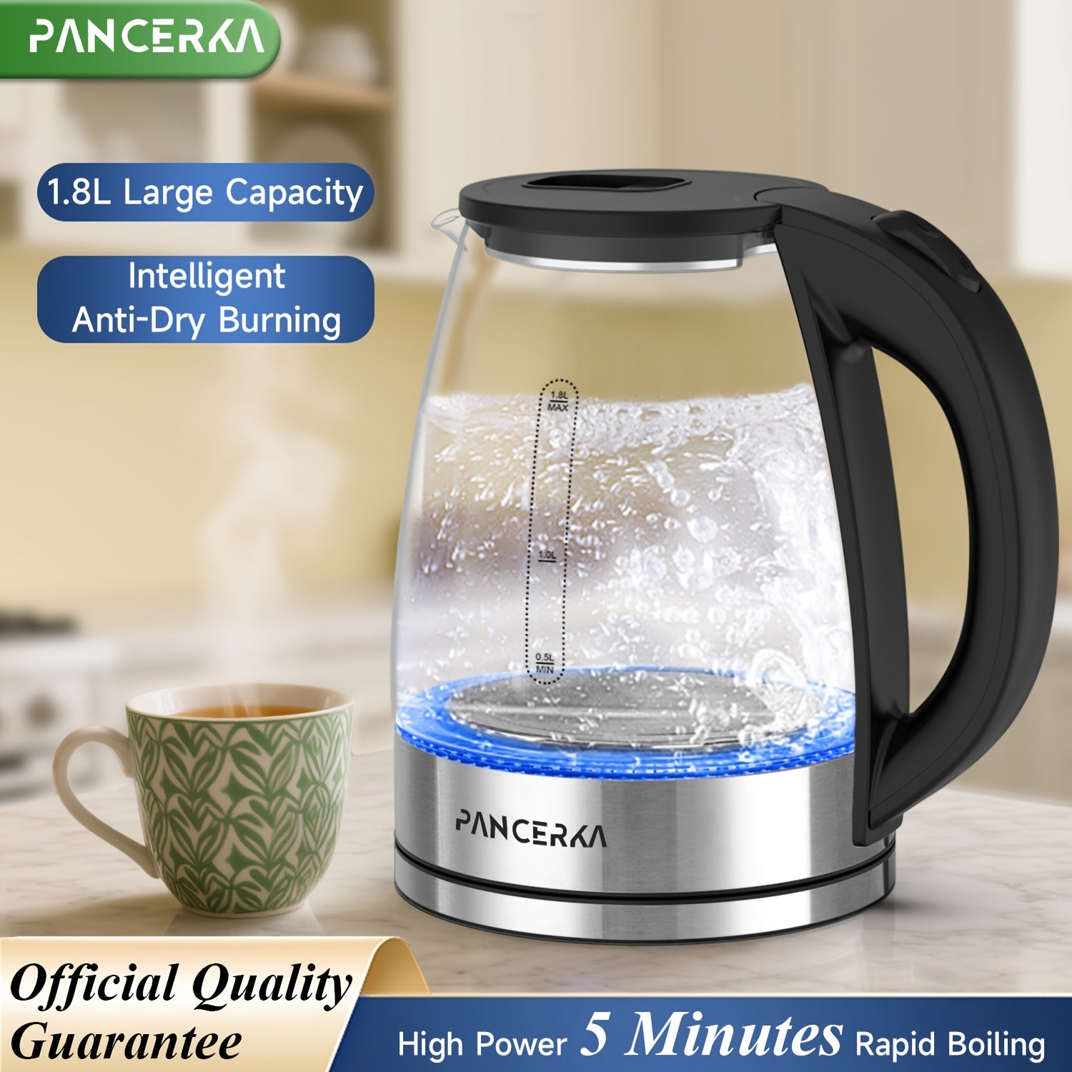 PANCERKA Electric Kettle 1000W – Easy Clean, Boil-Dry Protection, Stainless Steel Filter, BPA-Free, Auto Shut-Off Water Heater for Coffee & Tea – Black