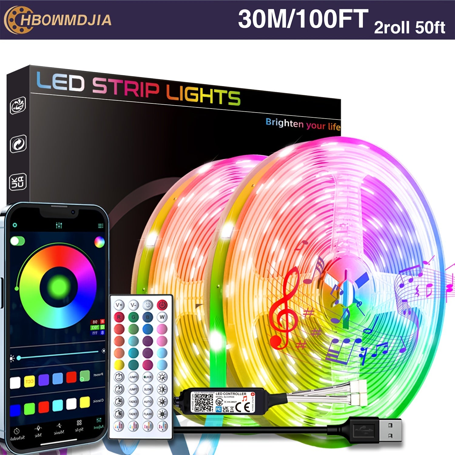 HBOWMDJIA Smart LED Strip Lights – 16–100ft, Music Sync & Color Changing, App & Remote Control for Bedroom, Home Parties & Room Decor