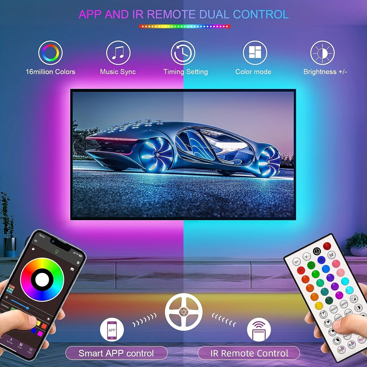 16.4/50/100ft RGB LED Strip Lights – Smart Rope Light with 44-Key Remote, Music Sync, Phone App Control, Color Changing LED Lights for Bedroom, Living Room & Party