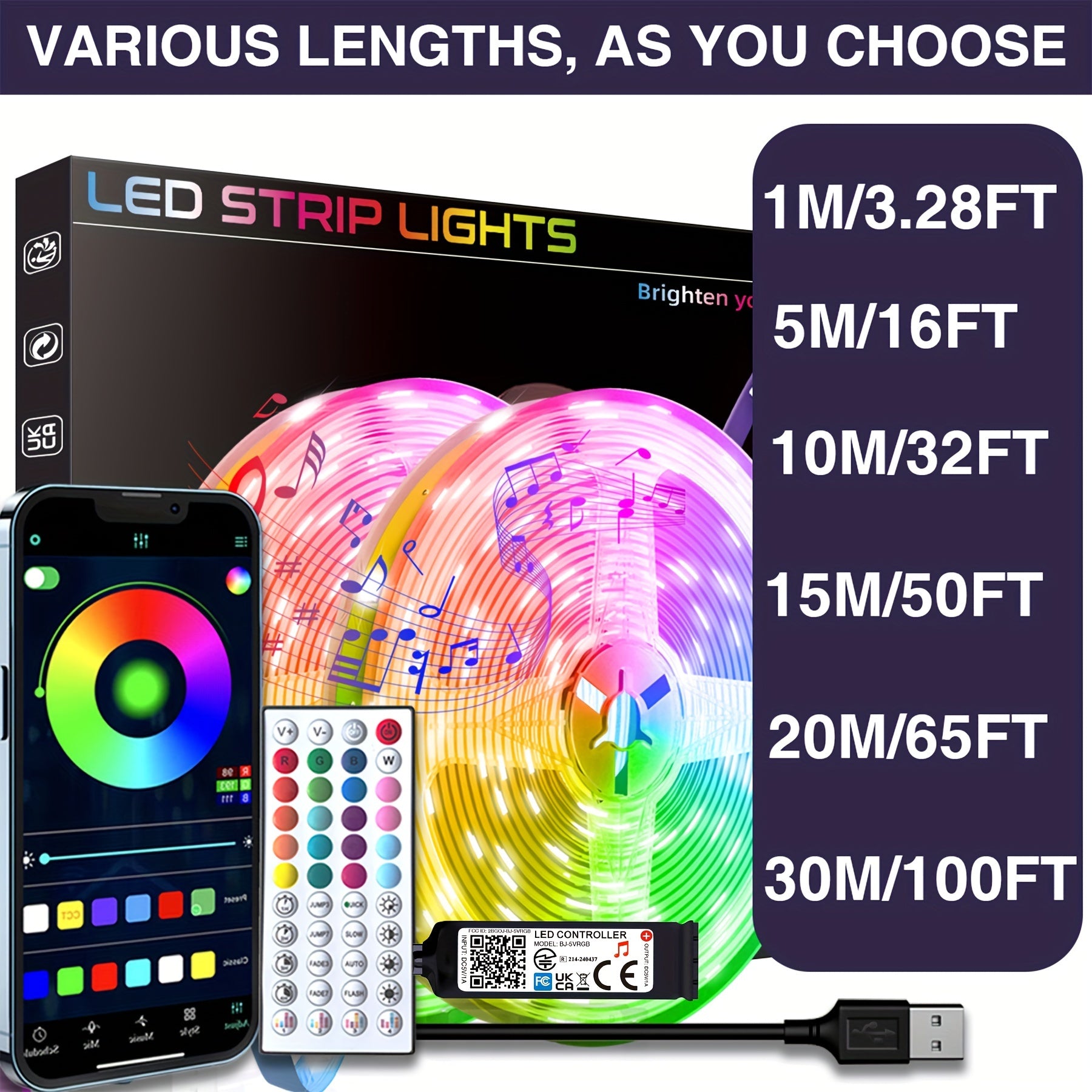 HBOWMDJIA Smart LED Strip Lights – 3–100ft