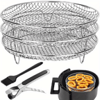 1 Set Air Fryer Accessories – Three-Layer Circular Grill Rack, Steam Rack, Stainless Steel Stackable Rack, Dehydration Rack, BBQ Basket, Oil Brush & Food Clip Set