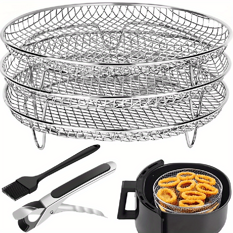 1 Set Air Fryer Accessories – Three-Layer Circular Grill Rack, Steam Rack, Stainless Steel Stackable Rack, Dehydration Rack, BBQ Basket, Oil Brush & Food Clip Set