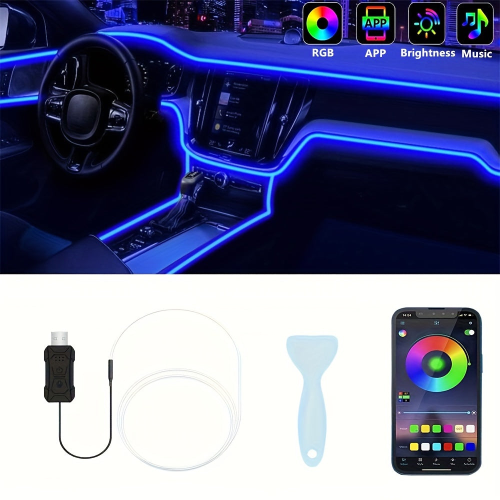 196-Inch RGB Car Interior LED Strip Lights – USB Ambient Lighting Kit with App Control, Fiber Optics & Music Sync for Door, Console & Dashboard