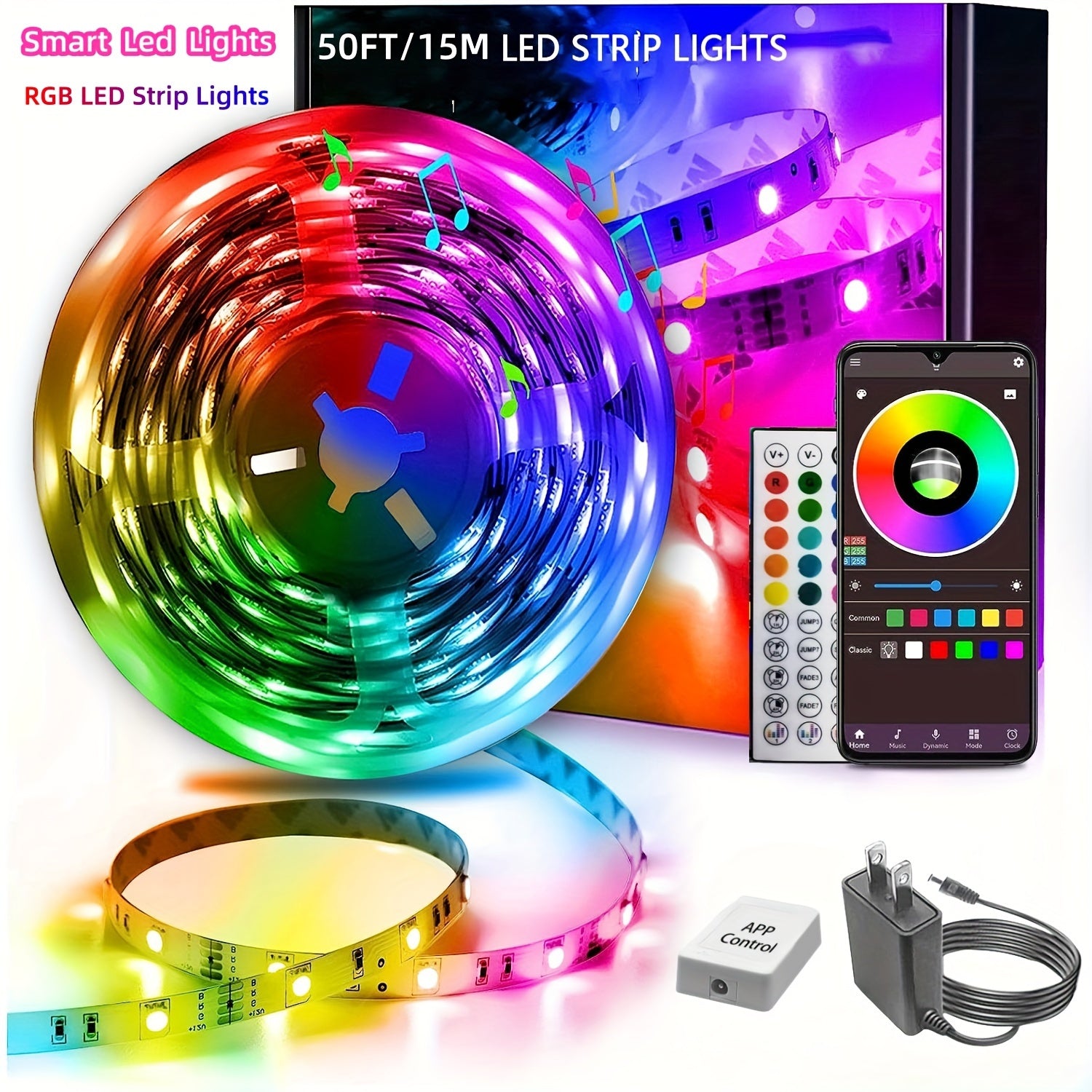 16.4/50/100ft RGB LED Strip Lights – Smart Rope Light with 44-Key Remote, Music Sync, Phone App Control, Color Changing LED Lights for Bedroom, Living Room & Party