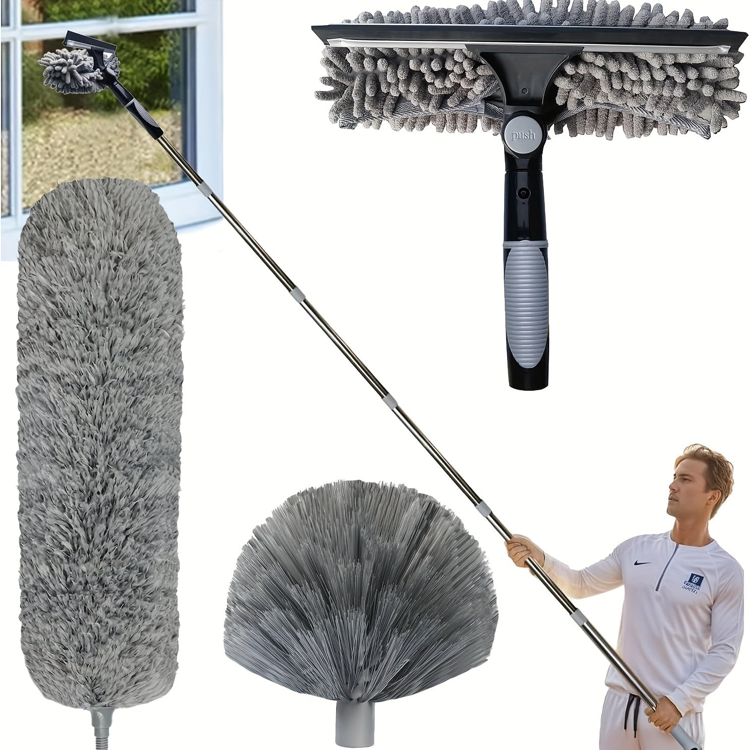 Window Cleaning Kit | Stainless Steel Squeegee, Scraper & Extendable Pole