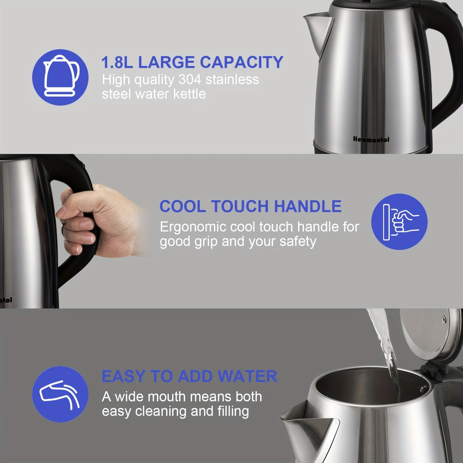 Electric Kettle 1.8L – Hot Water Boiler & Tea Kettle with Auto Shut-Off, Boil-Dry Protection, Stainless Steel Double Wall, BPA-Free, LED Indicator & Instant Heating Base