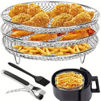 1 Set Air Fryer Accessories – Three-Layer Circular Grill Rack, Steam Rack, Stainless Steel Stackable Rack, Dehydration Rack, BBQ Basket, Oil Brush & Food Clip Set