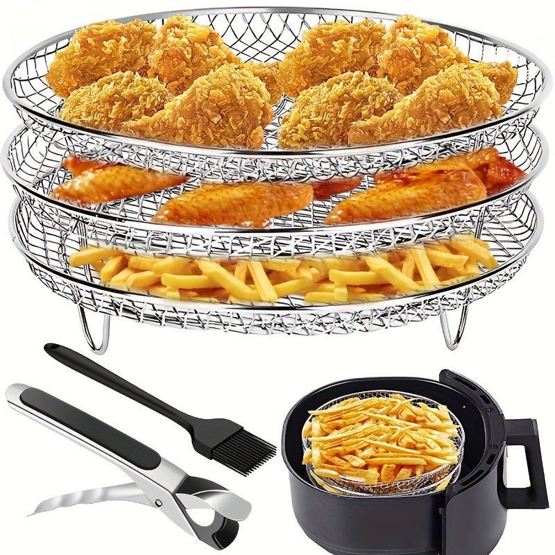 1 Set Air Fryer Accessories – Three-Layer Circular Grill Rack, Steam Rack, Stainless Steel Stackable Rack, Dehydration Rack, BBQ Basket, Oil Brush & Food Clip Set
