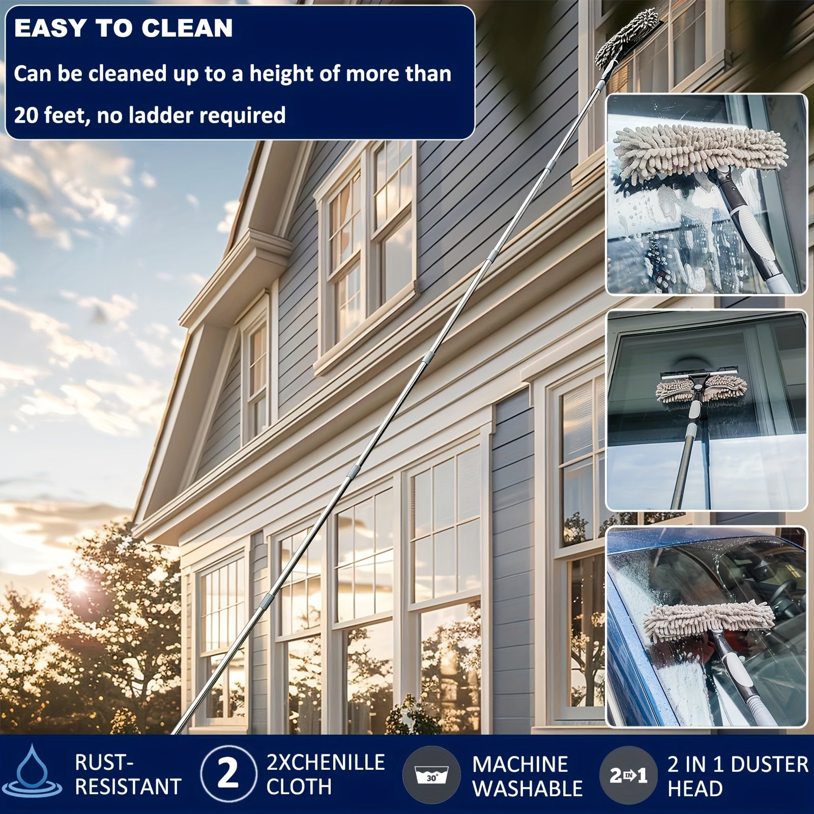 Window Cleaning Kit | Stainless Steel Squeegee, Scraper & Extendable Pole