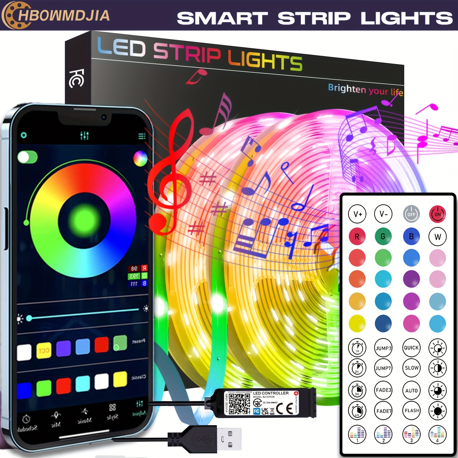 HBOWMDJIA Smart LED Strip Lights – 16–100ft, Music Sync & Color Changing, App & Remote Control for Bedroom, Home Parties & Room Decor